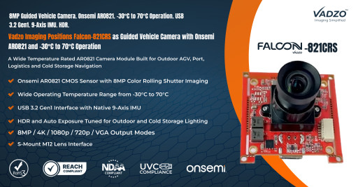 Vadzo Imaging Positions Falcon-821CRS: 4K HDR USB Camera with Onsemi AR0821 Sensor for Autonomous Guided Vehicle