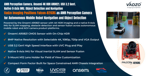 Vadzo Imaging Positions Falcon-821CRS 4K HDR camera as AMR Perception Camera for Navigation and Object Detection in Autonomous Mobile Robots