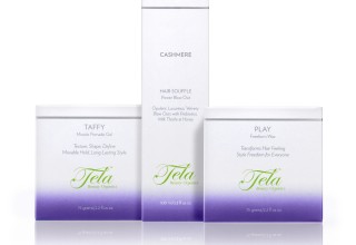 Tela Beauty Organics Cashmere Hair Souffle Power Blow Out (3.3oz, $36.00), Play Freeform Wax (2.2oz, $34.00), and Taffy Miracle Pomade Gel (2.2oz, $34.00).
