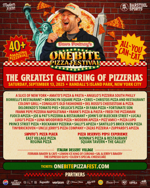 Dave Portnoy's One Bite Pizza Festival Returns - Bigger, Better, and More Delicious Than Ever Saturday, September 13, 2025 | Randall’s Island | New York, NY