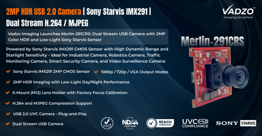 Vadzo Imaging Announces Merlin‑291CRS USB Camera: 2MP HDR USB 2.0 Camera with Sony Starvis IMX291 and Dual Endpoint Streaming