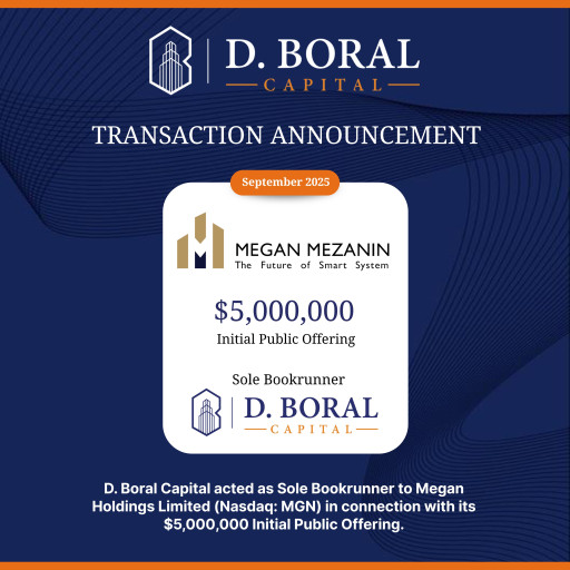 D. Boral Capital Acted as Sole Bookrunner to Megan Holdings Limited (Nasdaq: MGN) in Connection with its $5,000,000 Initial Public Offering