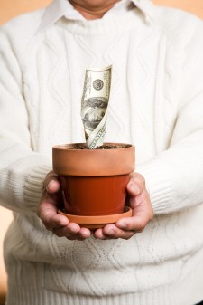Man holding plant pot growing money
