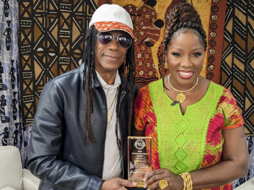 Junior Marvin Receives Award From Yaba TV Los Angeles During an Exclusive Interview on the Upcoming Bob Marley Movie