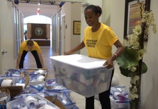 Boxes of hygiene supplies ready to ship to Houston