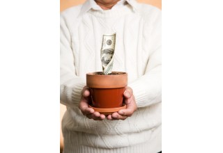 Man holding plant pot growing money
