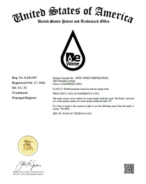 Greene Concepts Announces Federal Registration of Be Water(TM) Trademark, Supporting National Brand Expansion