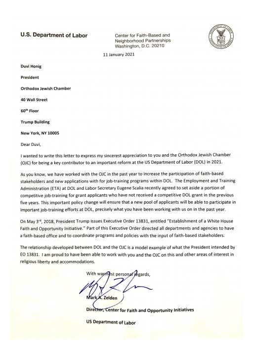 US Labor Department Recognizes Wall Street-Based Orthodox Jewish Chamber of Commerce for Changing Policy to Fund Small Community-Based Job Training Programs in All 50 States