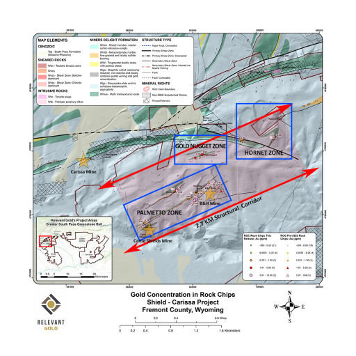 Relevant Gold Samples 18.9 g/t Au and 486 g/t Ag along  2.7 km of Mineralized Shear Zones at Shield-Carissa, Wyoming