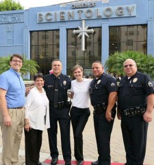 Captain Art Sandoval (third from the left) and officers from the Northeast LAPD at the Church of Scientology Los Angeles on National Night Out