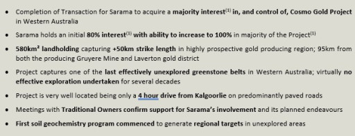 Sarama Resources Completes Acquisition of Majority Interest in Cosmo Gold Project