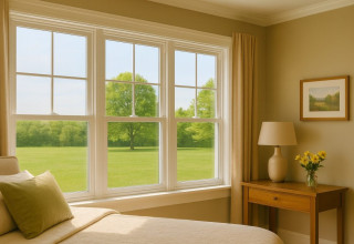 Cozy Ontario bedroom with double-hung windows offering natural light, insulation, and peaceful outdoor views.