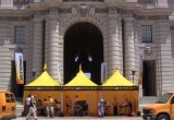 Scientology Volunteer Ministers set up their bright yellow tent at City Hall. 