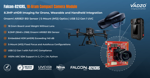 Vadzo Imaging Unveils 18 Gram Falcon-821CRS as Compact Camera Module for Drone, Wearable, and Handheld Use