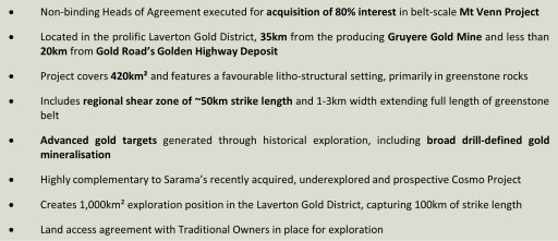 Sarama Resources Consolidates Position in Western Australian Goldfields 