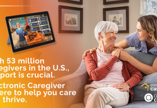 Happy Senior Woman with Caregiver. Electronic Caregiver is here to help you thrive.