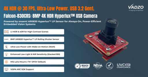 Vadzo Imaging Introduces Falcon-830CRS, an 8MP 4K HDR USB Camera Powered by the Onsemi AR0830 HyperLux(TM) LP Sensor for Power-Constrained Embedded Vision Systems